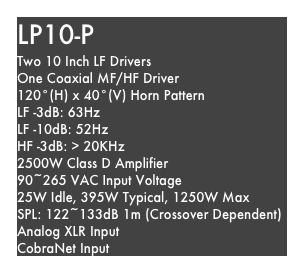 LP10-P
Two 10 Inch LF Drivers
One Coaxial MF/HF Driver
120°(H) x 40°(V) Horn Pattern
LF -3dB: 63Hz
LF -10dB: 52Hz
HF -3dB: > 20KHz
2500W Class D Amplifier
90~265 VAC Input Voltage
25W Idle, 395W Typical, 1250W Max
SPL: 122~133dB 1m (Crossover Dependent)
Analog XLR Input
CobraNet Input